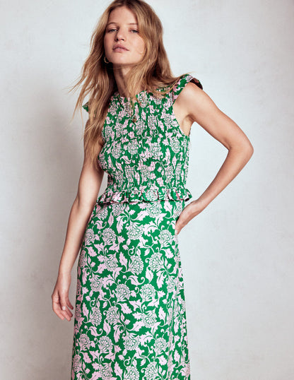 Carolina Gesmoktes Midikleid-Sattes Smaragdgrün, Rebenornament-4