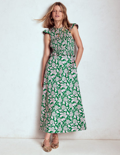 Carolina Gesmoktes Midikleid-Sattes Smaragdgrün, Rebenornament-5