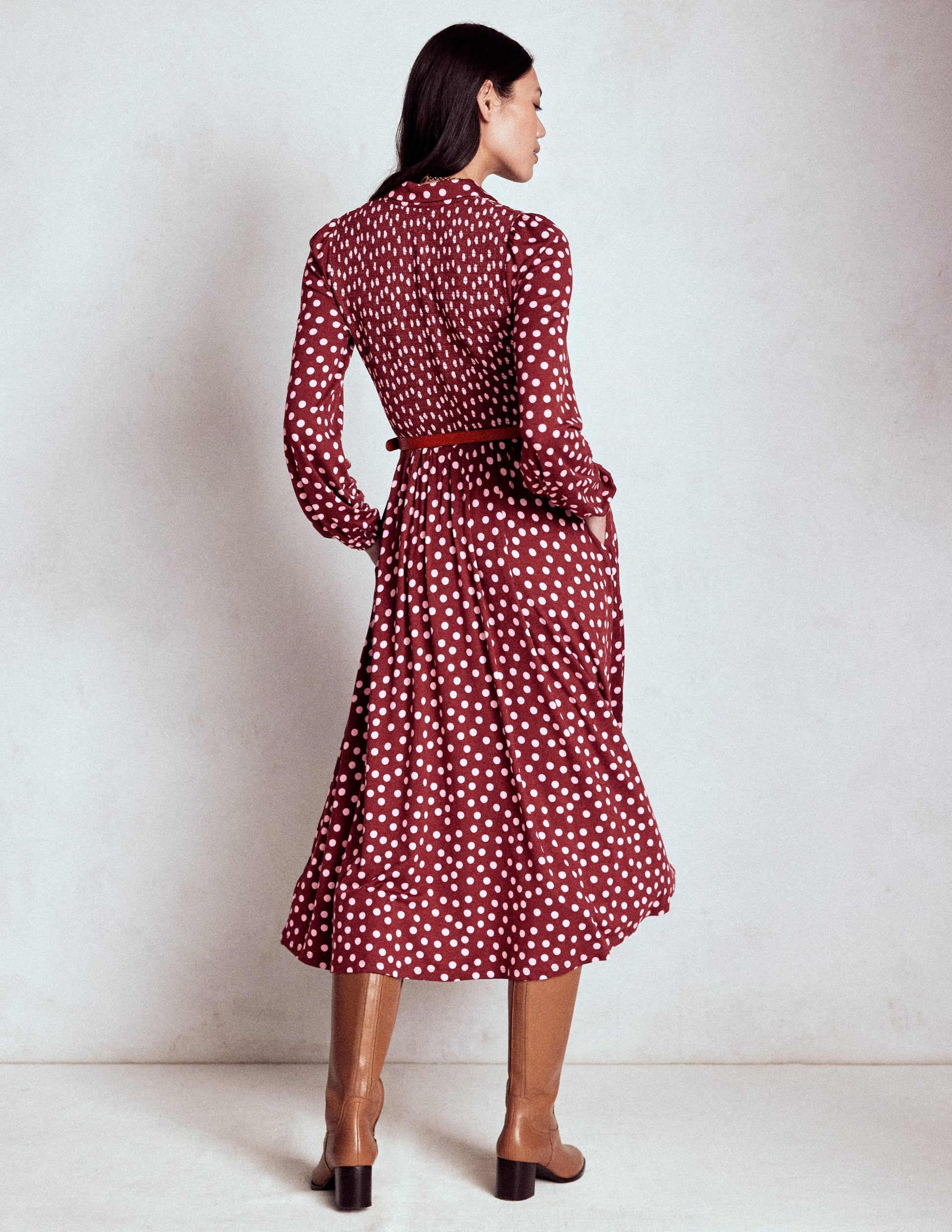 Gesmoktes Jersey-Hemdblusenkleid-Kastanie, Gemalte Tupfen-3