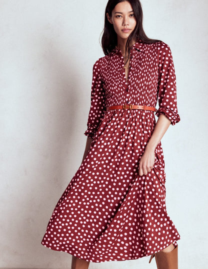 Gesmoktes Jersey-Hemdblusenkleid-Kastanie, Gemalte Tupfen-4