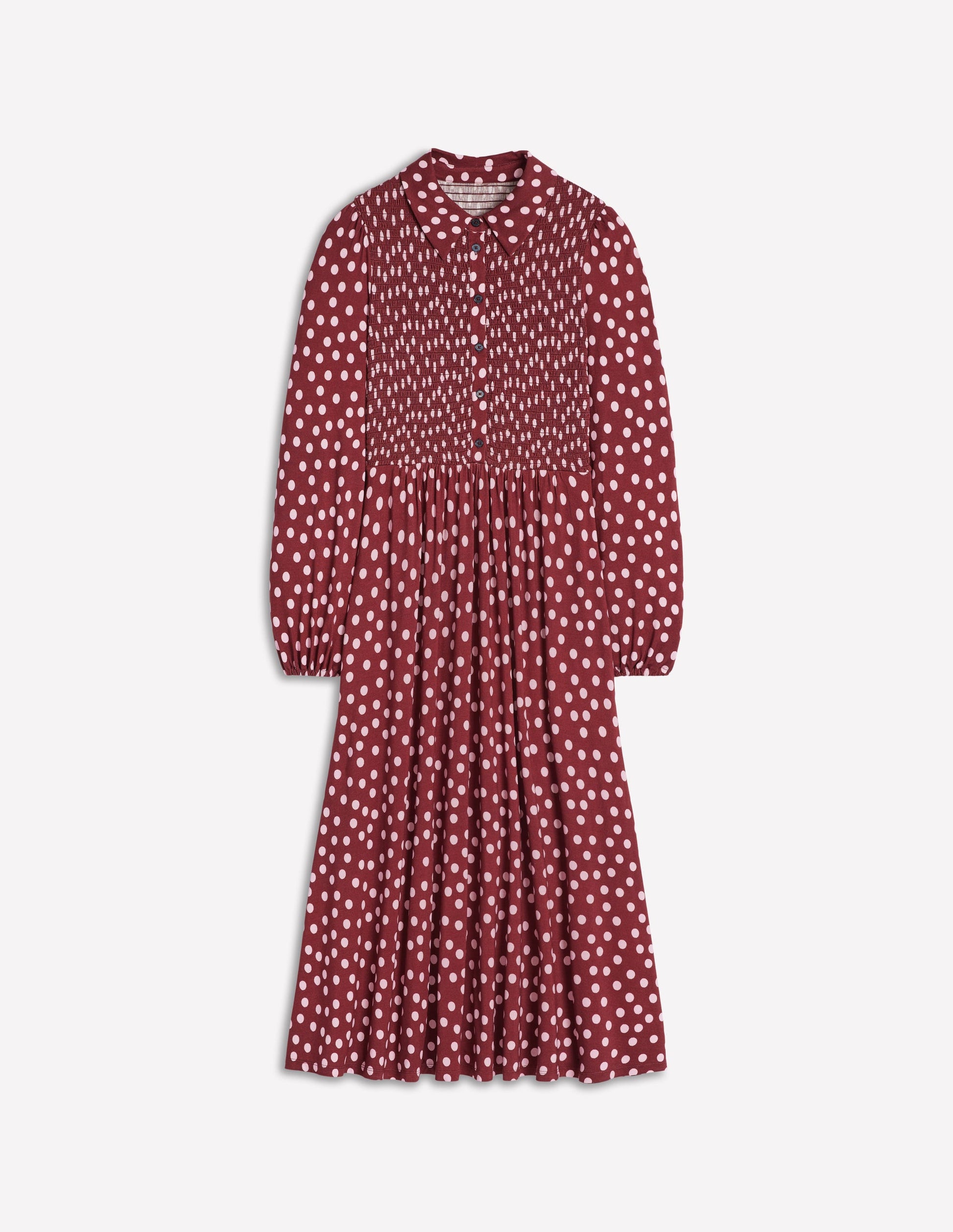 Gesmoktes Jersey-Hemdblusenkleid-Kastanie, Gemalte Tupfen-5