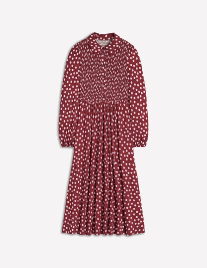 Gesmoktes Jersey-Hemdblusenkleid-Kastanie, Gemalte Tupfen-5
