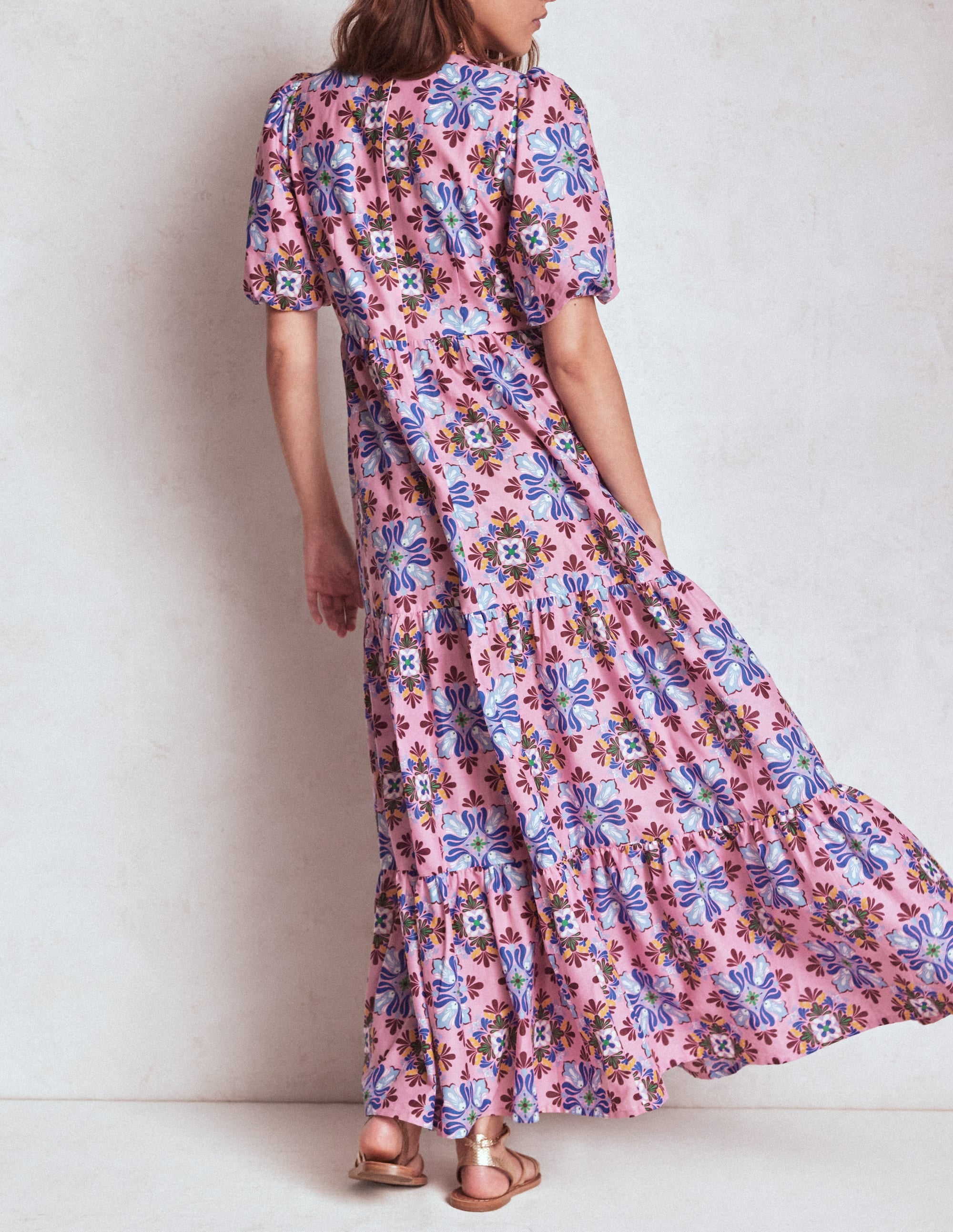 Gestuftes Popeline-Maxikleid-Kirschblütenrosa, Blütenmosaik - Image 3