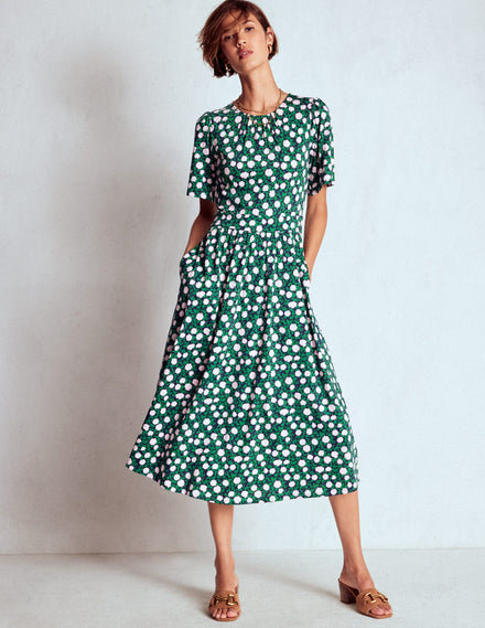 Louisa Jersey-Midikleid-Sattes Smaragdgrün, Blütenrebe