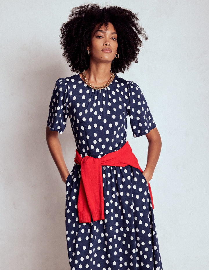 Louisa Jersey-Midikleid-Französisches Marineblau, Gemalte Tupfen
