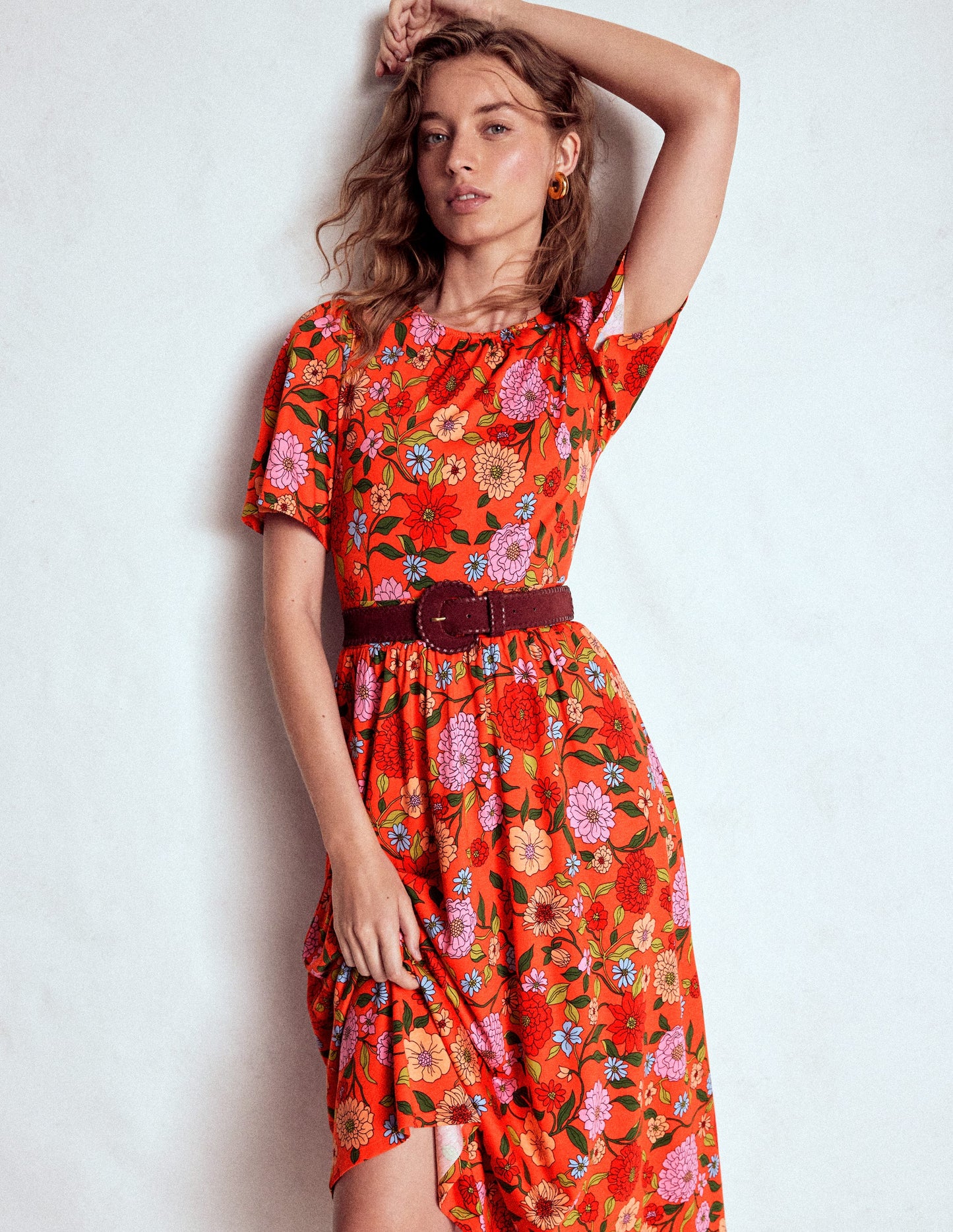 Louisa Jersey Midi Dress-Firecracker Red, Dahlia Trail