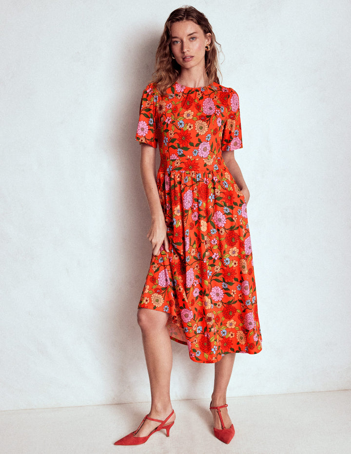 Robe midi Louisa en jersey-Rouge pétard, motif Dahlia Trail