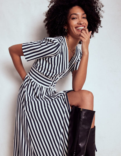 Natalia Jersey Tea Dress-French Navy, Ivory Stripe-1