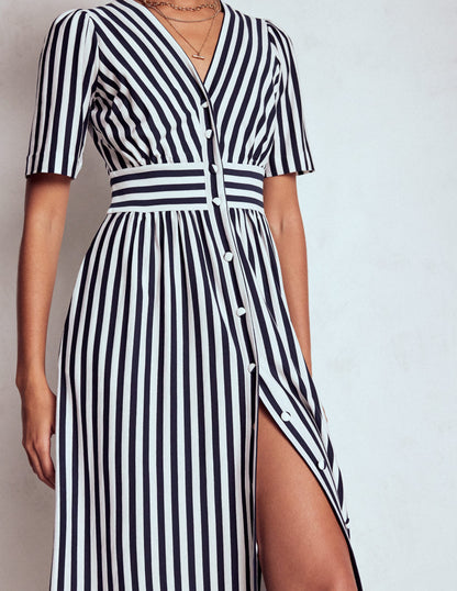 Natalia Jersey Tea Dress-French Navy, Ivory Stripe-2