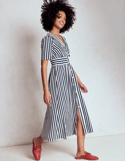 Natalia Jersey Tea Dress-French Navy, Ivory Stripe-5