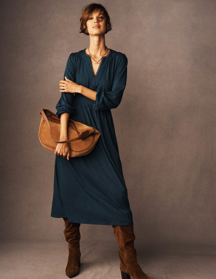 Maddie Midikleid mit Picot-Besatz-Mitternachtsblaugrün