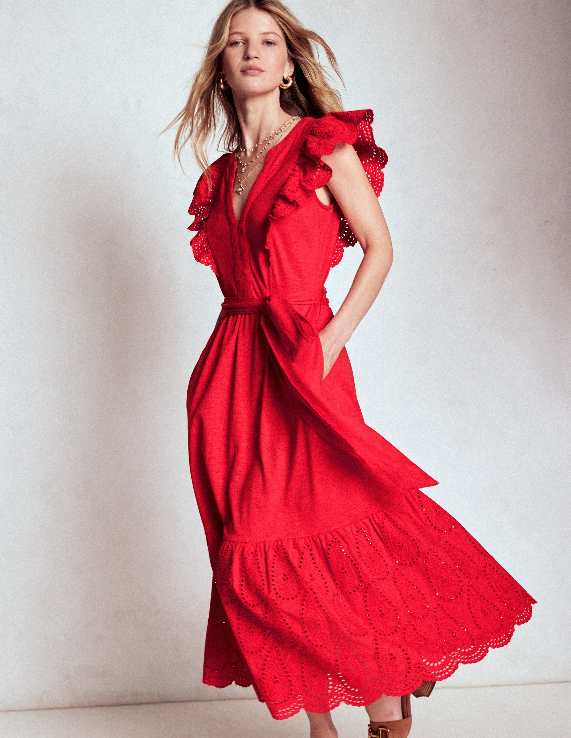 Robe midi avec détails volantés-Rouge coquelicot Boden FR