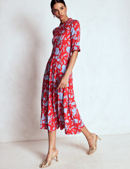 Gerüschtes Midikleid mit Ziernähten-Mohnblumenrot, Zierliche Zweige