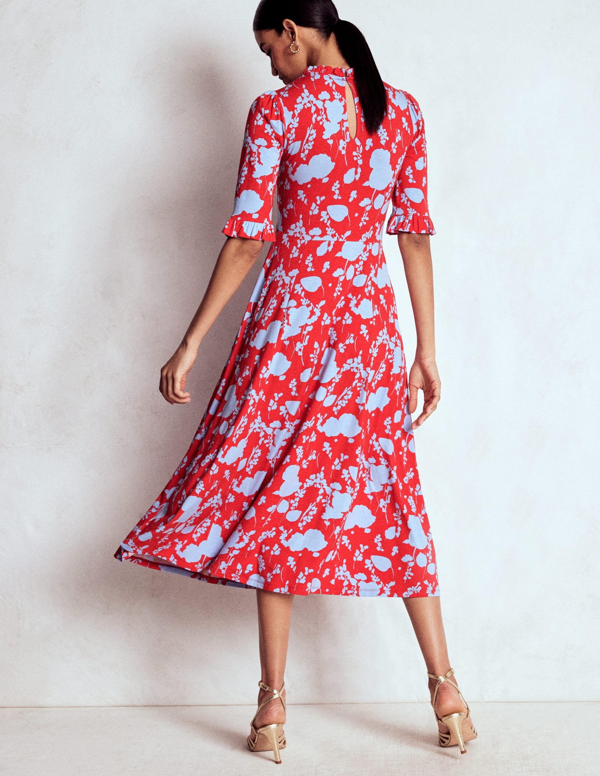 Gerüschtes Midikleid mit Ziernähten-Mohnblumenrot, Zierliche Zweige - Image 3