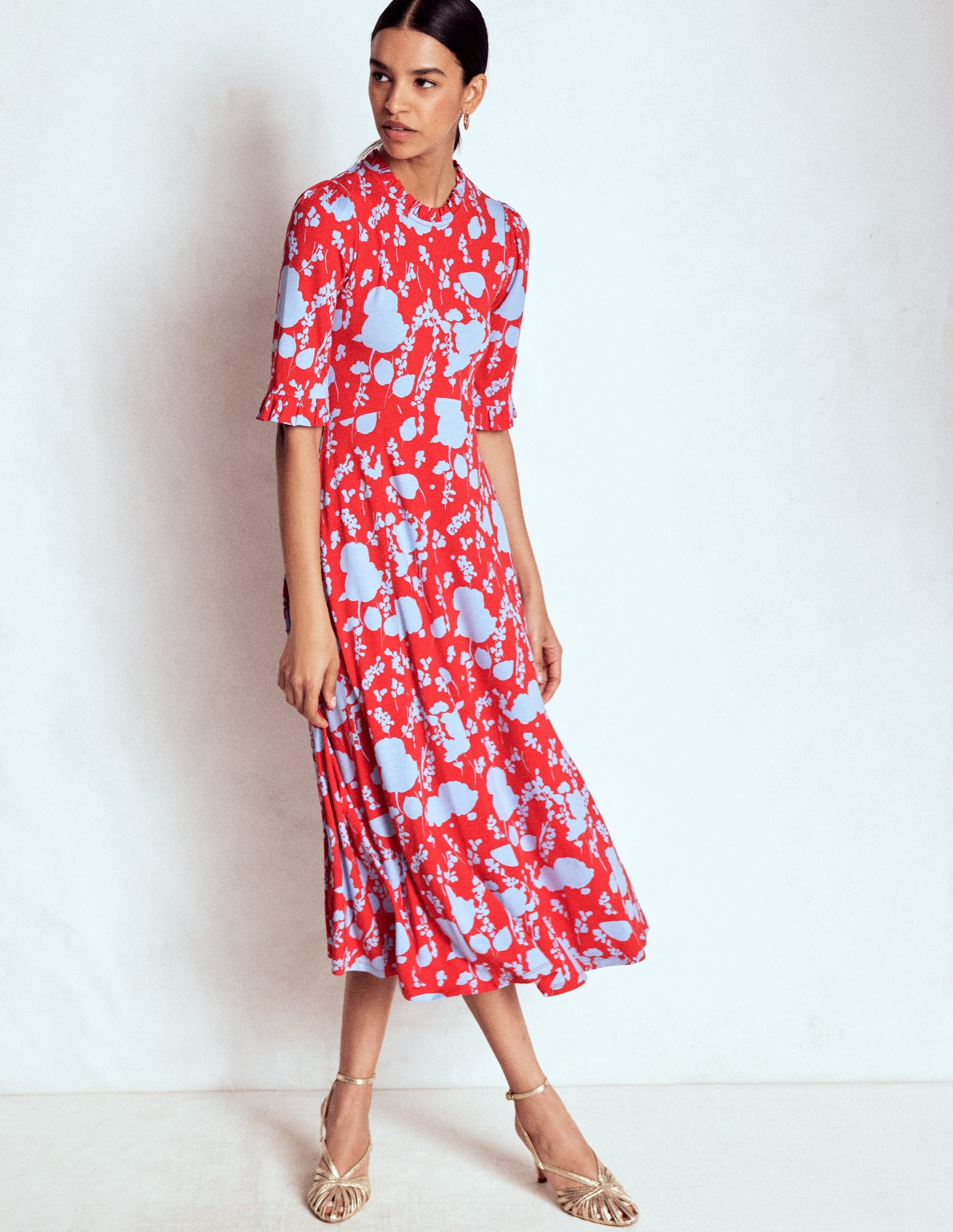 Gerüschtes Midikleid mit Ziernähten-Mohnblumenrot, Zierliche Zweige - Image 4