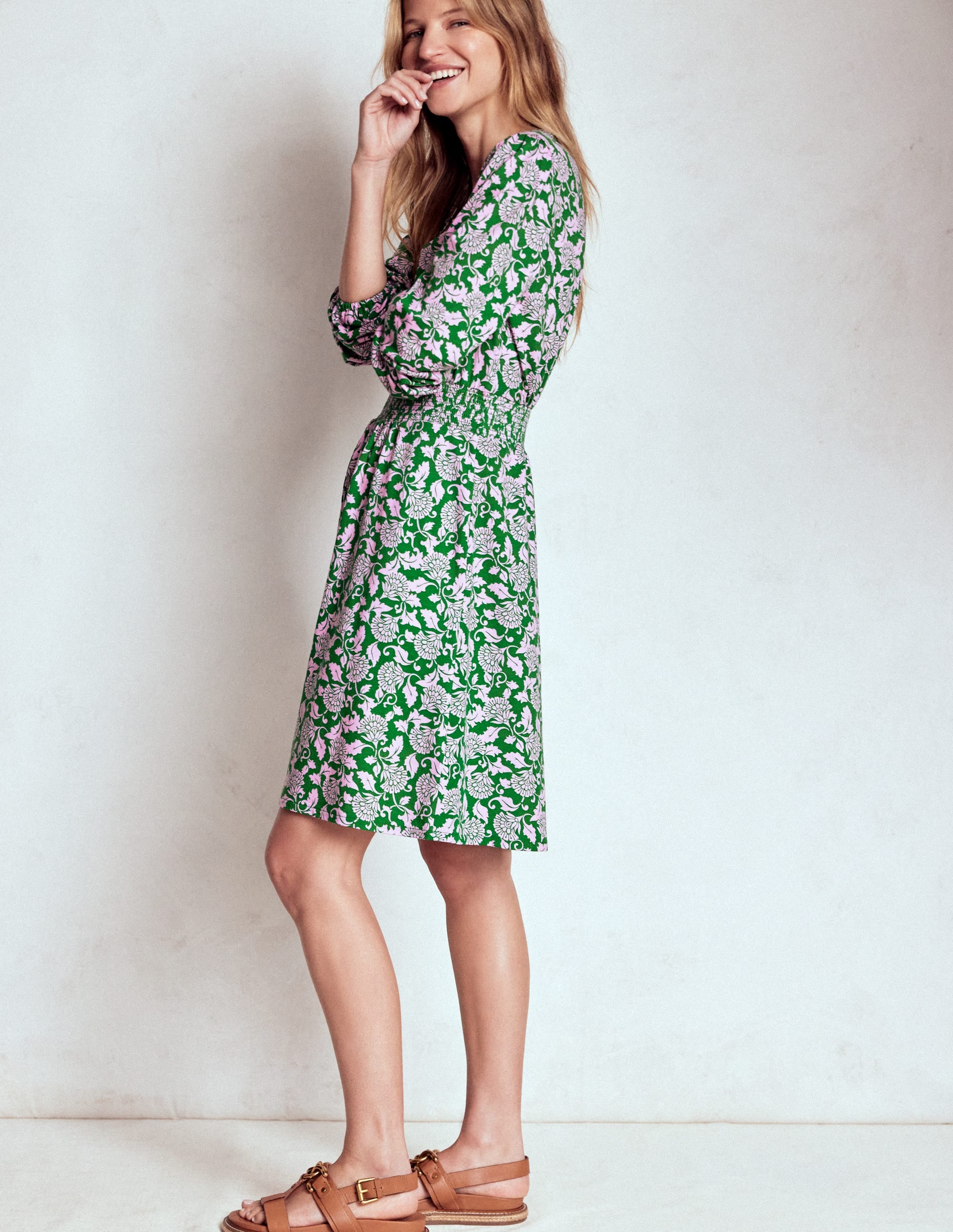 Sarah Kurzes Jerseykleid-Sattes Smaragdgrün, Rebenornament - Image 4