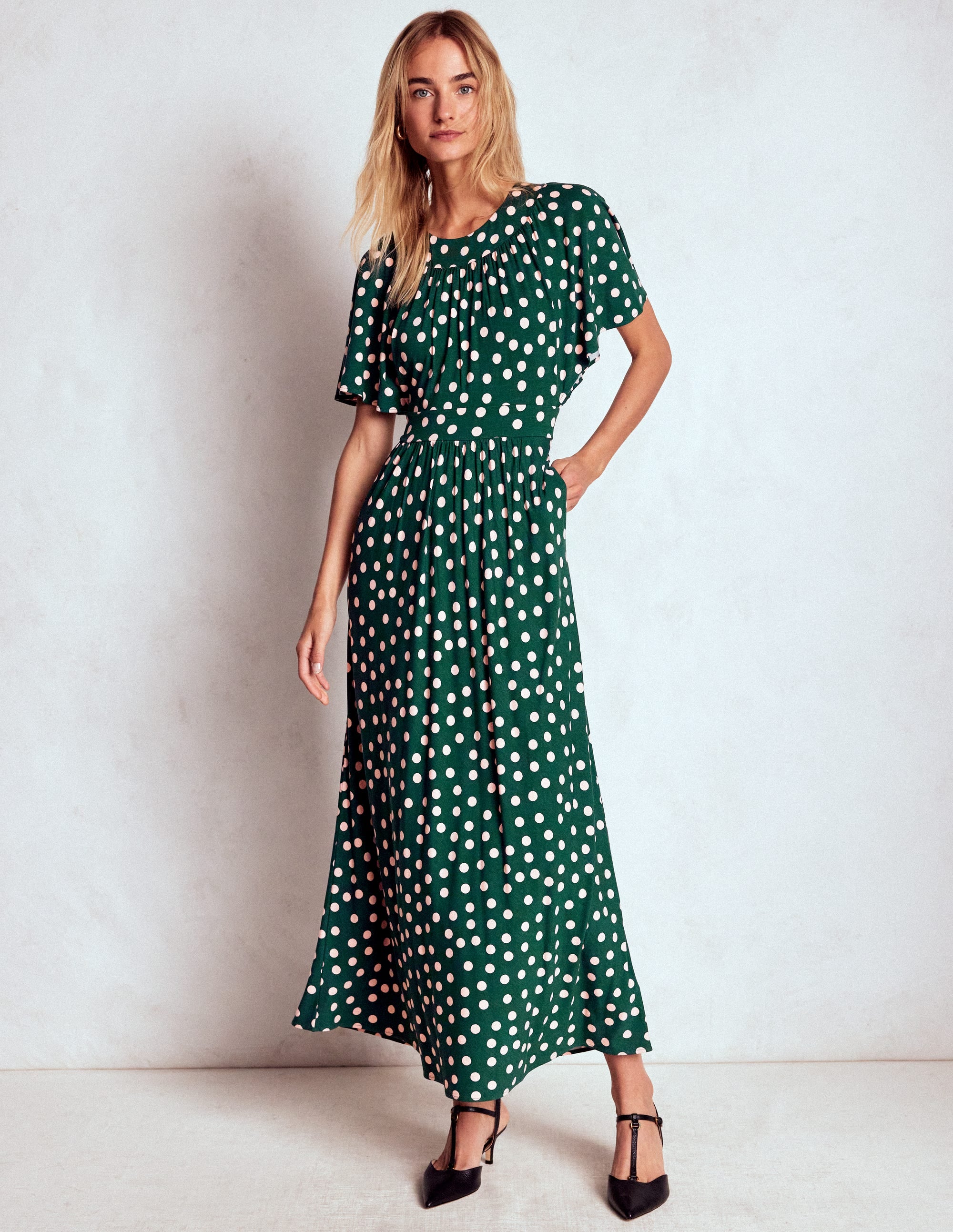 Maxikleid mit Passe-Smaragdgrün, Gemalte Tupfen - Image 1