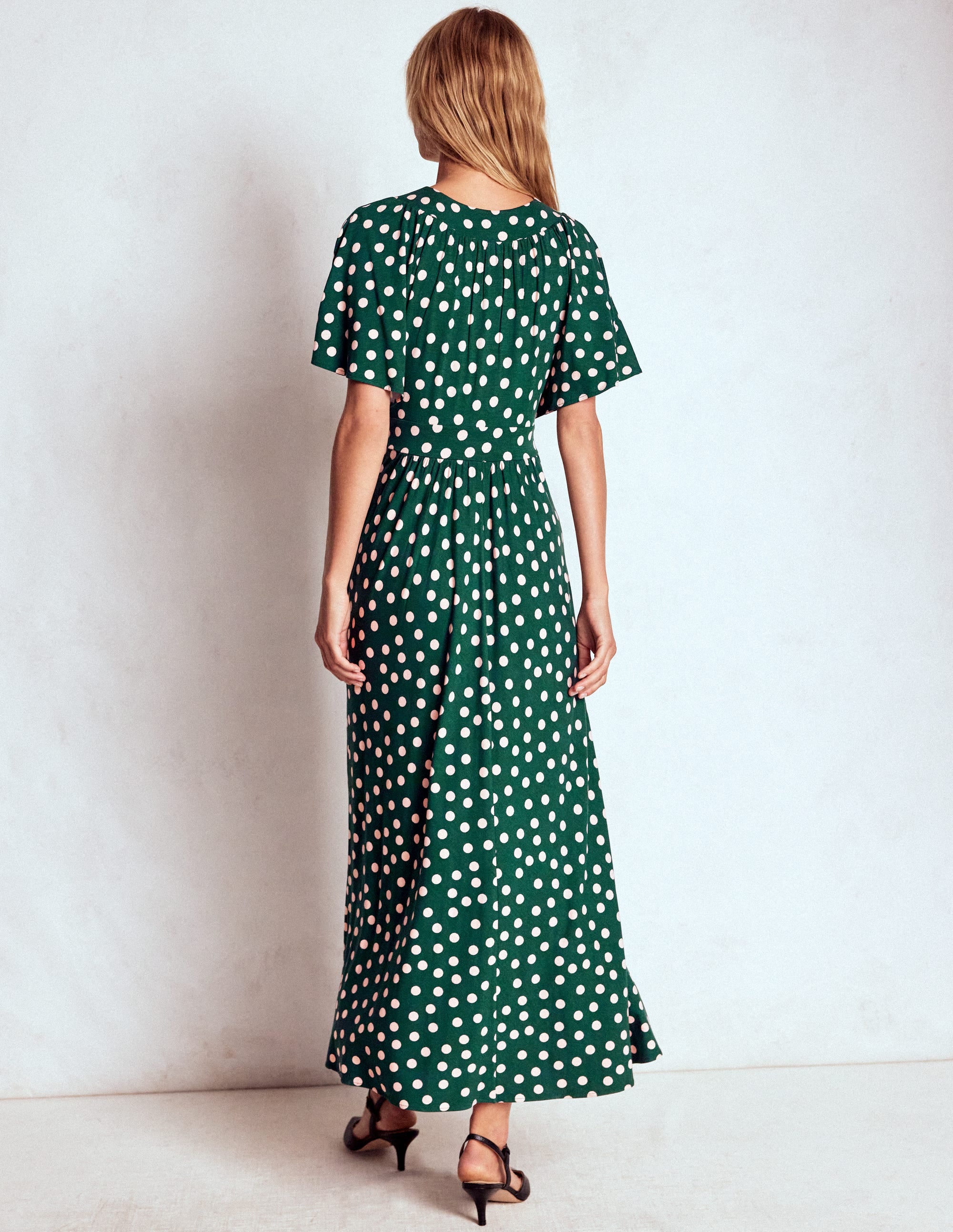 Maxikleid mit Passe-Smaragdgrün, Gemalte Tupfen - Image 3