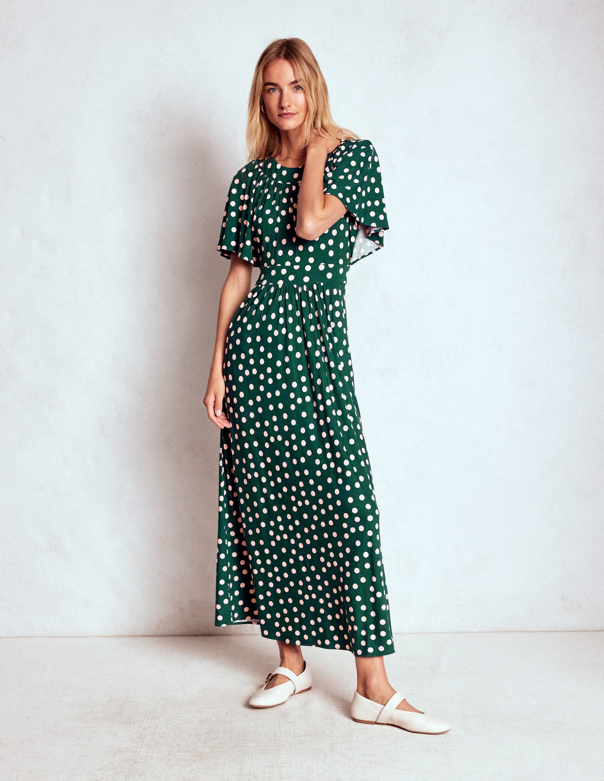 Maxikleid mit Passe-Smaragdgrün, Gemalte Tupfen - Image 4