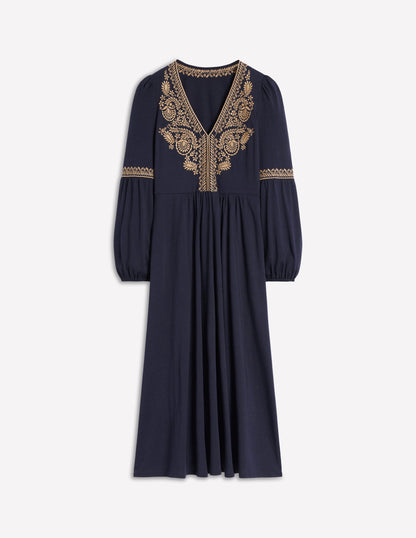 Blouson-Midikleid mit V-Ausschnitt-Marineblau-7