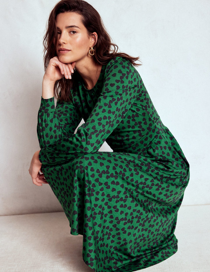 Alexandra Jersey-Midikleid-Französisches Marineblau, Herzkaskade