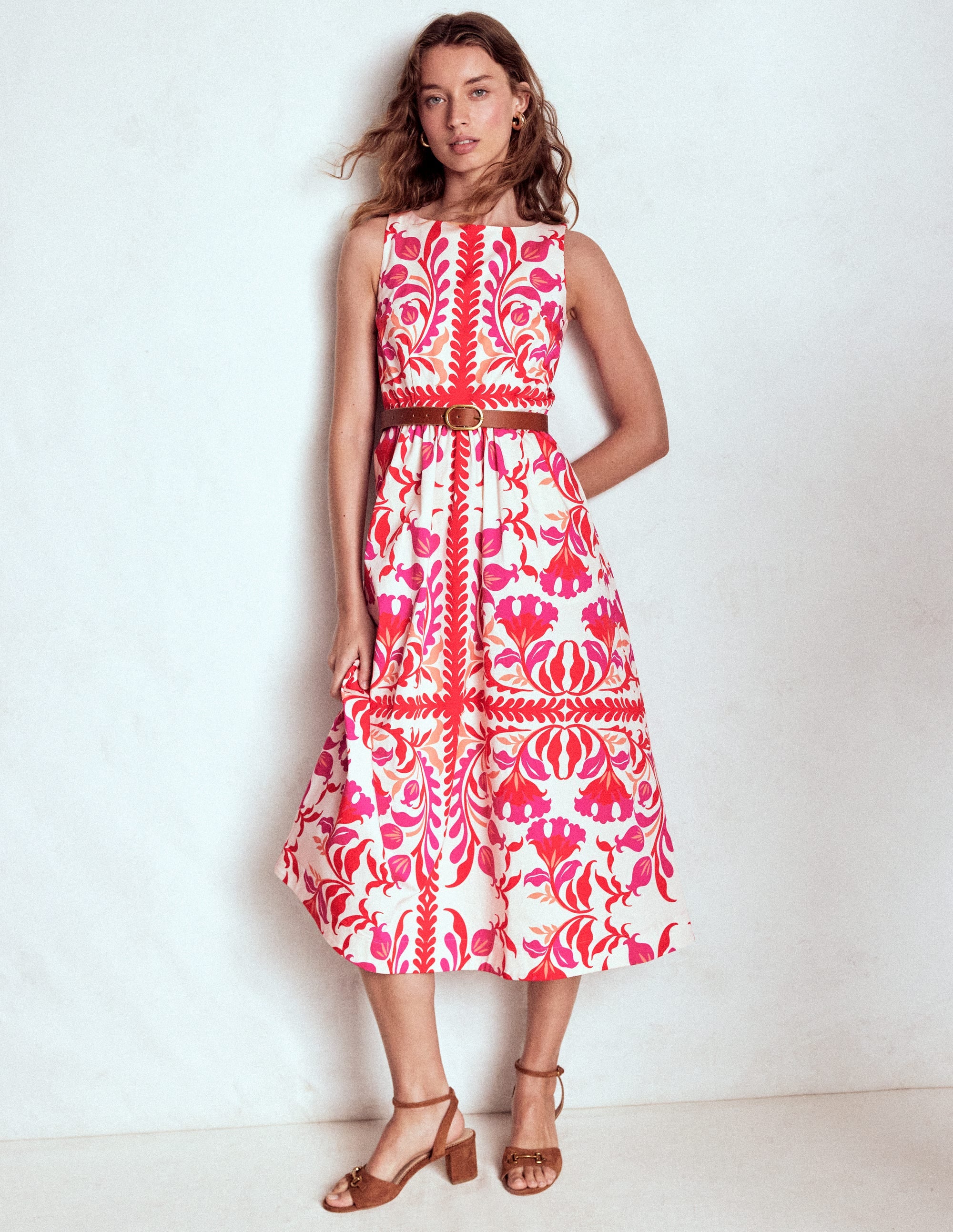 Lauren Baumwoll-Midikleid-Mohnblumenrot, florale Kunst - Image 4