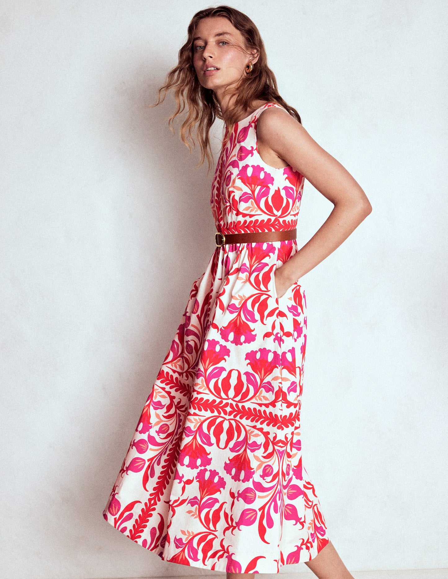 Lauren Cotton Midi Dress-Poppy Red, Elaborate Flora