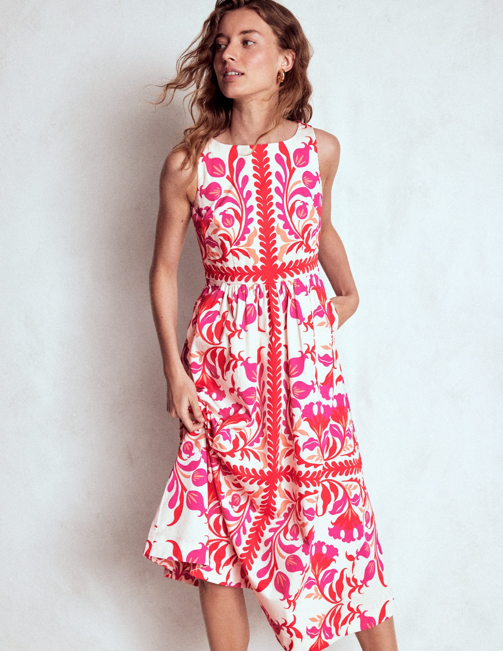 Lauren Baumwoll-Midikleid-Mohnblumenrot, florale Kunst - Image 6
