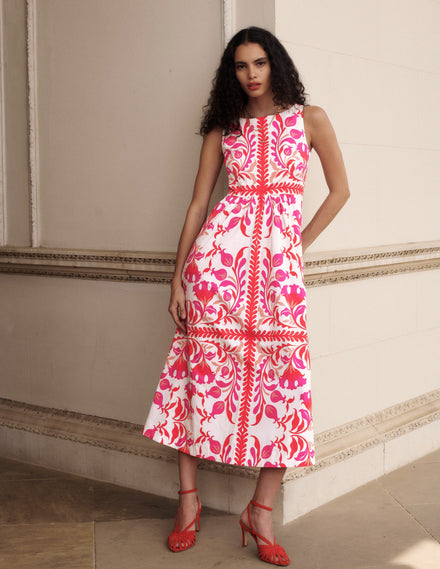 Lauren Baumwoll-Midikleid-Mohnblumenrot, florale Kunst