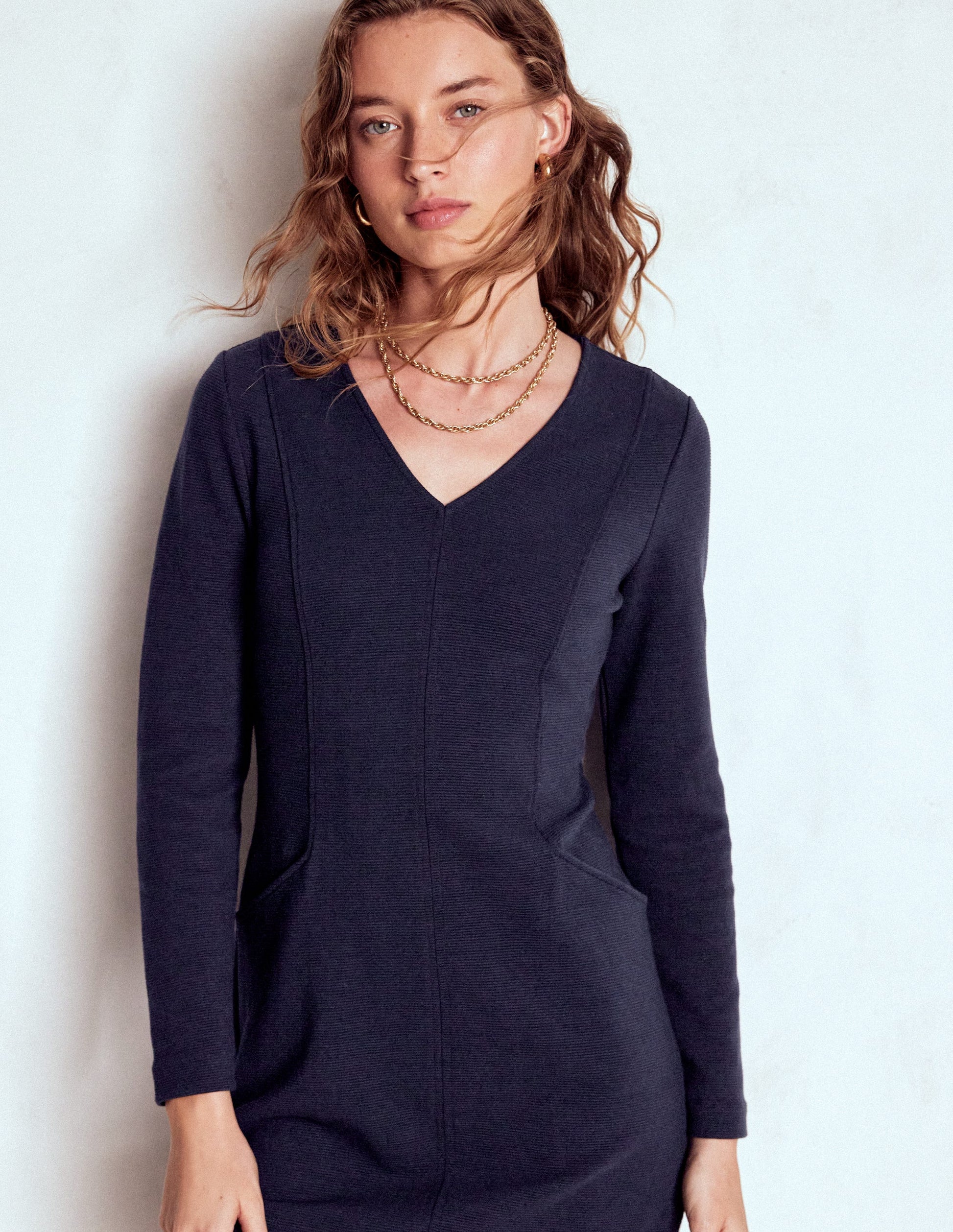 Ellen V-neck Ottoman Dress-Navy-4