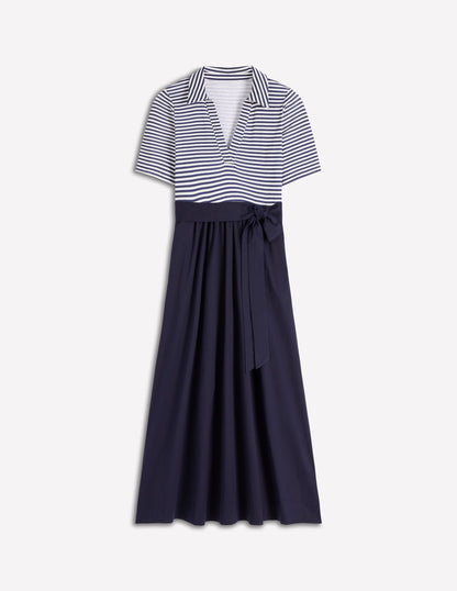 Robe midi à détail col-Bleu marine, rayé ivoire-7
