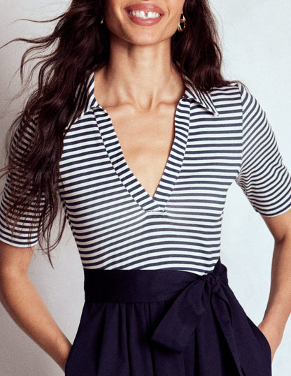 Robe midi à détail col-Bleu marine, rayé ivoire-3