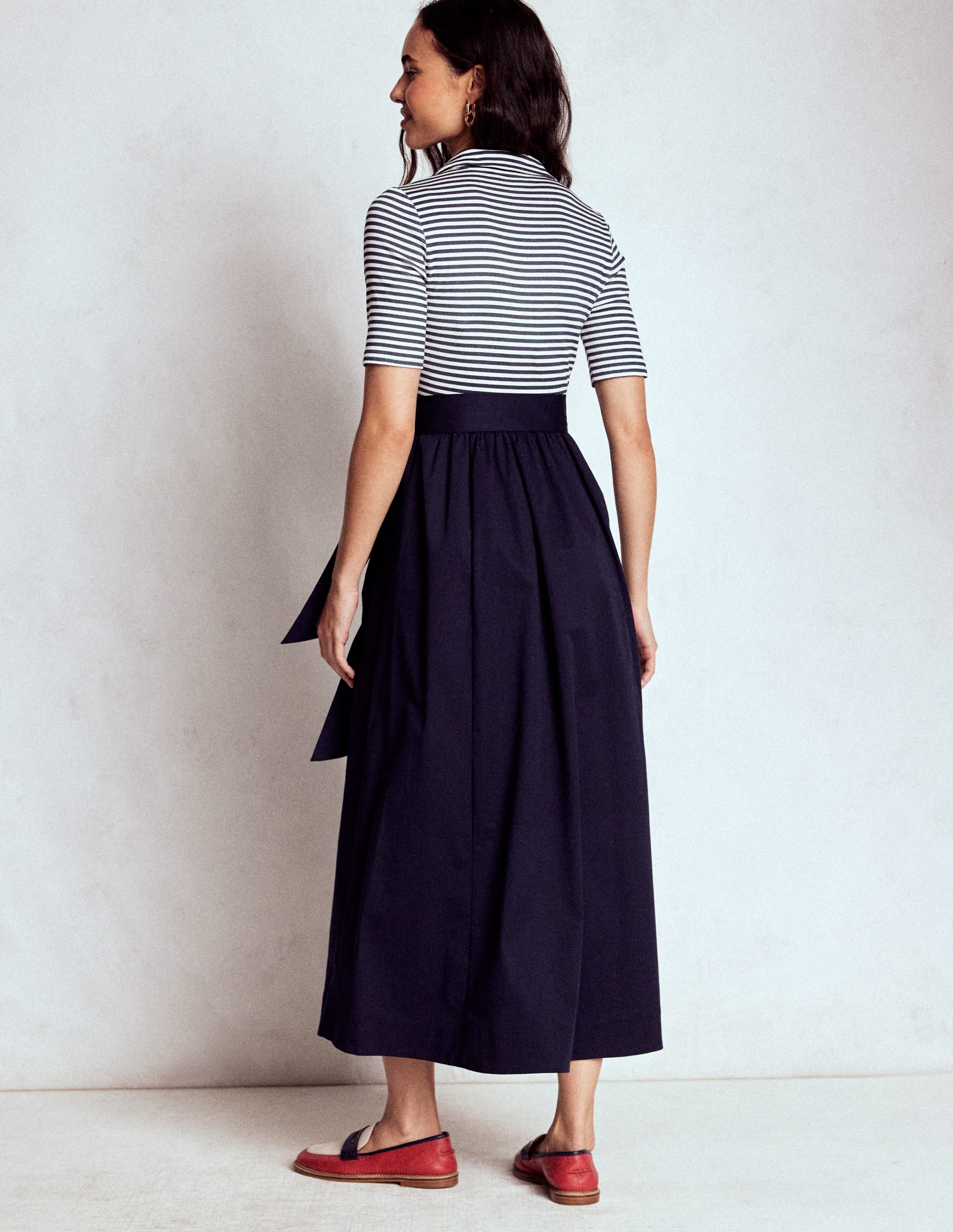 Midikleid aus Rippstick-Mix mit Kragen-Marineblau, Naturweiß Gestreift - Image 3