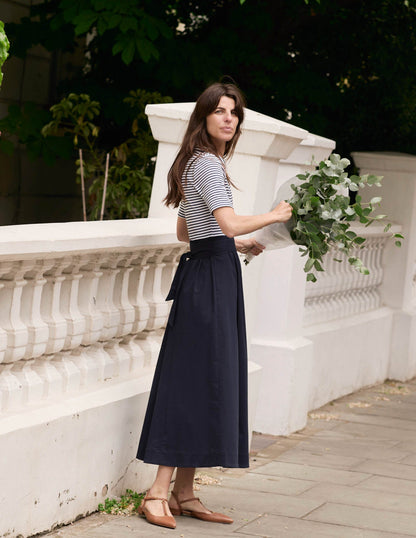 Robe midi à détail col-Bleu marine, rayé ivoire-1