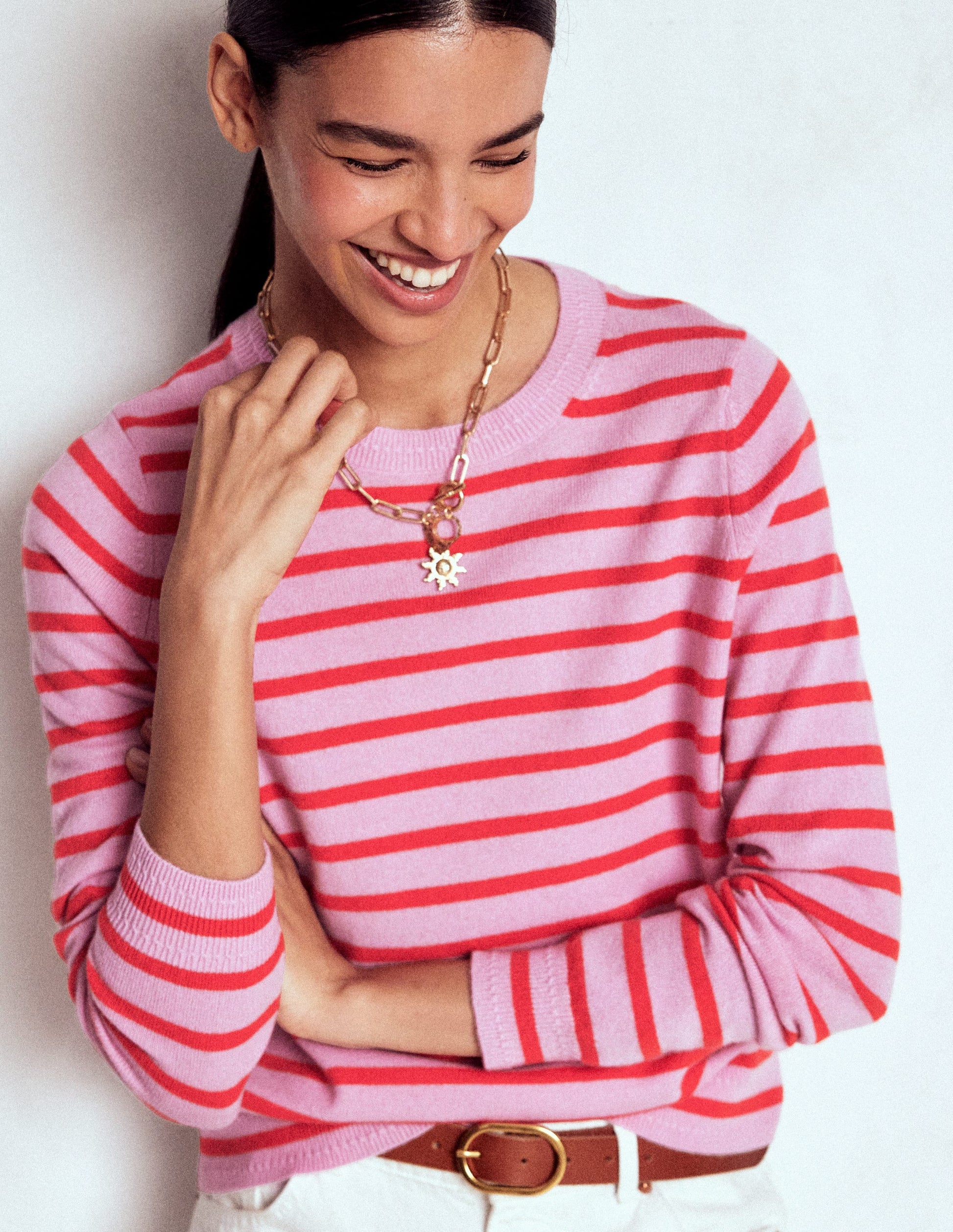 Eva Kaschmirpullover mit Rundhalsausschnitt-Rosa/Orange Streifen-1
