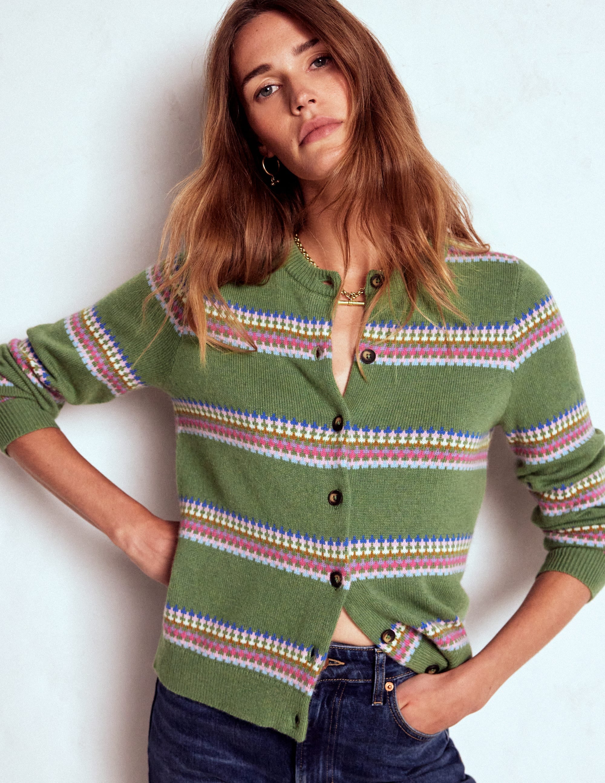 Edie Fair-Isle-Strickjacke-Grün, Diamant - Image 2