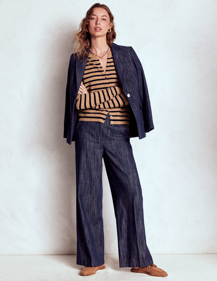 Eva Kaschmir-Strickjacke mit Rundhalsausschnitt-Kamelbraun Meliert/Marineblau Streifen