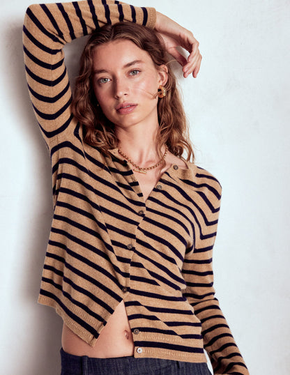 Cardigan Eva en cachemire-Rayé camel chiné/bleu marine-6
