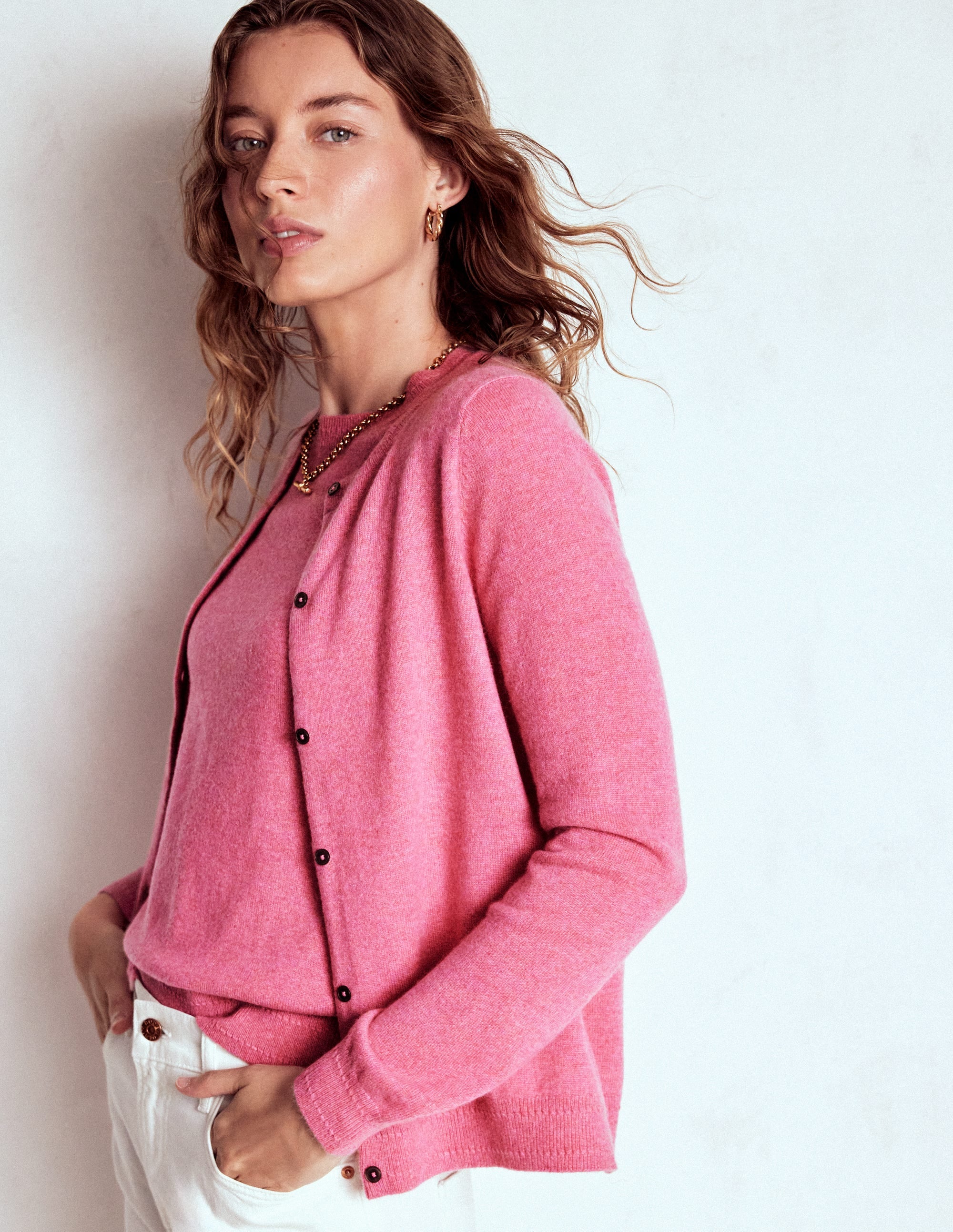 Eva Kaschmir-Strickjacke mit Rundhalsausschnitt-Rosenrosa Melange - Image 1