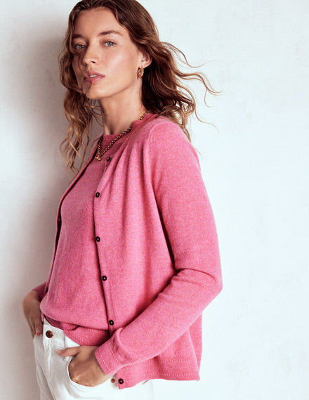 Eva Kaschmir-Strickjacke mit Rundhalsausschnitt-Rosenrosa Melange