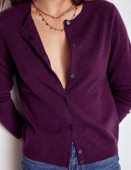 Eva Kaschmir-Strickjacke mit Rundhalsausschnitt-Pflaume Melange