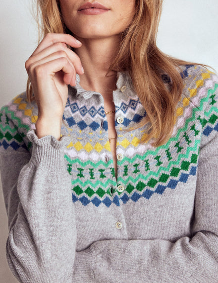 Fae Fair-Isle-Cardigan mit Rüschen-Blaugrau Meliert