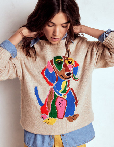 Natalie Pullover mit Stickerei-Haferbeige Melange, Dackel