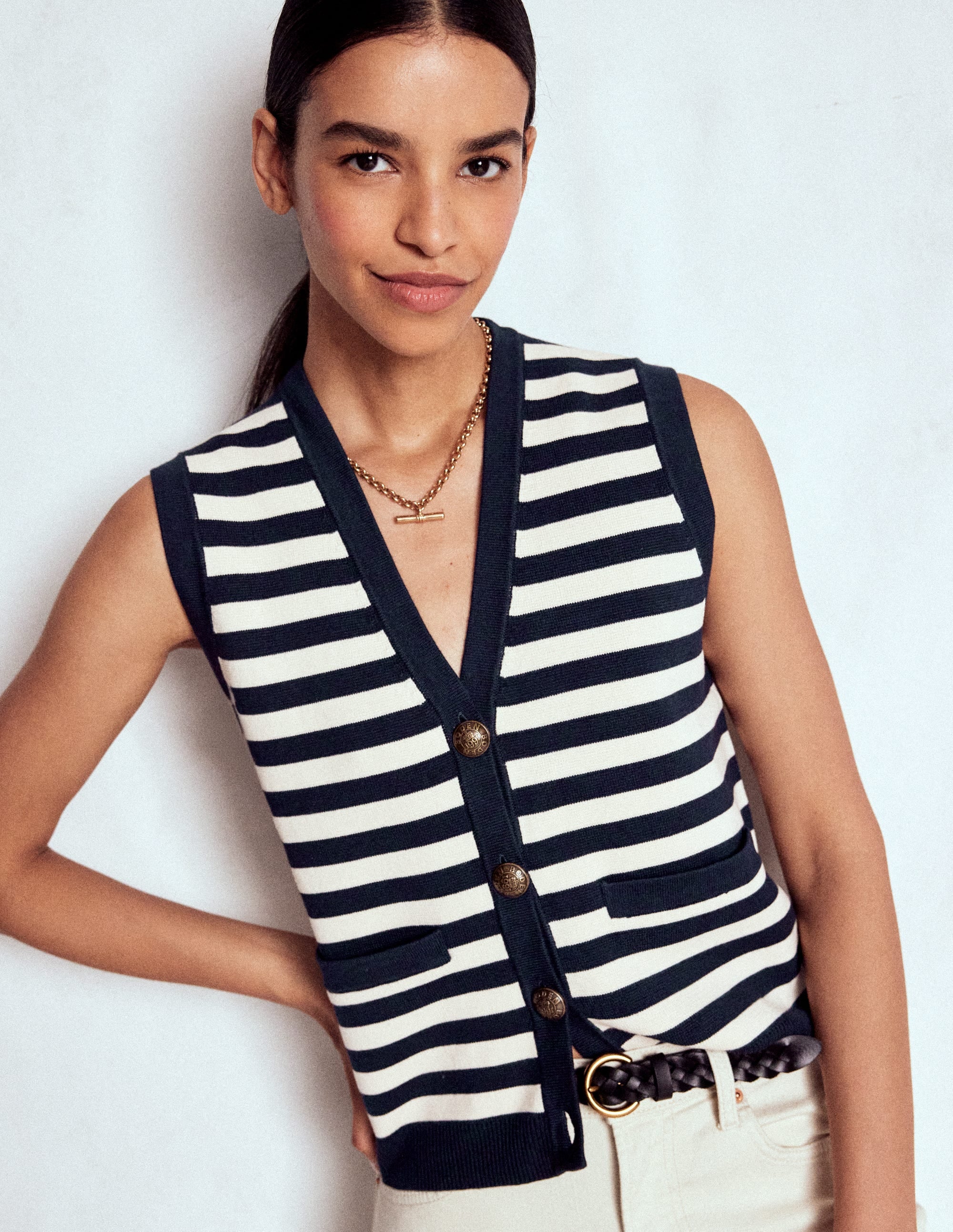 Holly Knitted Waistcoat-Navy and Ivory Stripe - Image 3