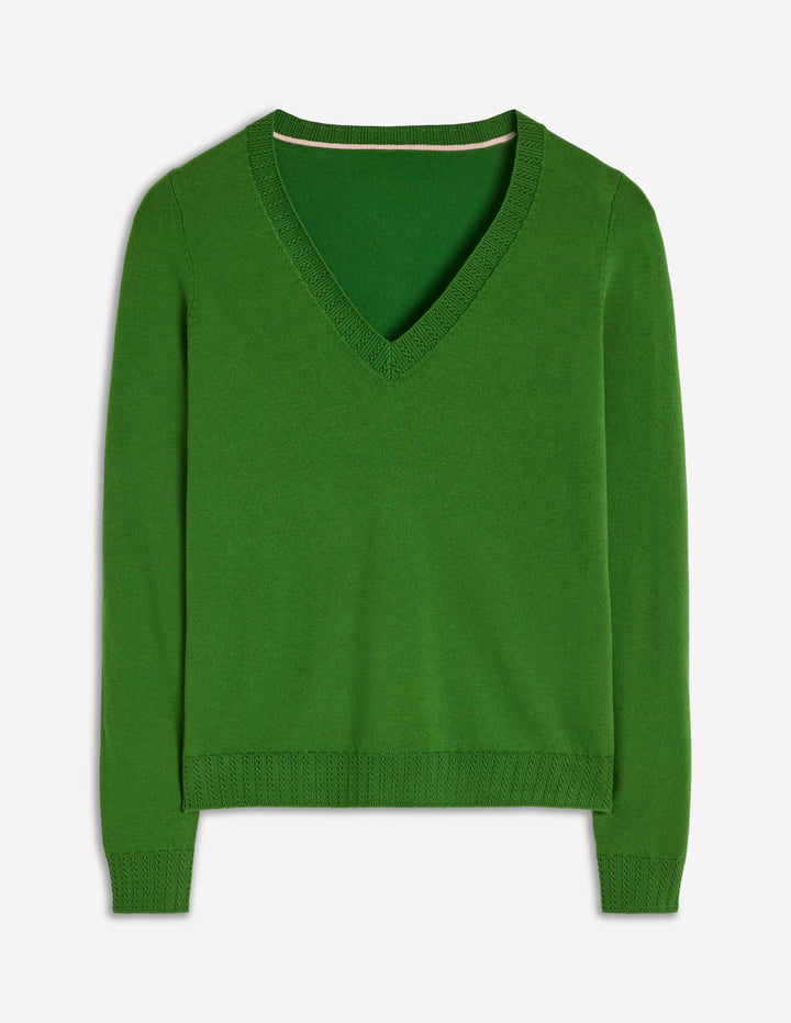 Emilia Cotton V-Neck Jumper-Promenade Green