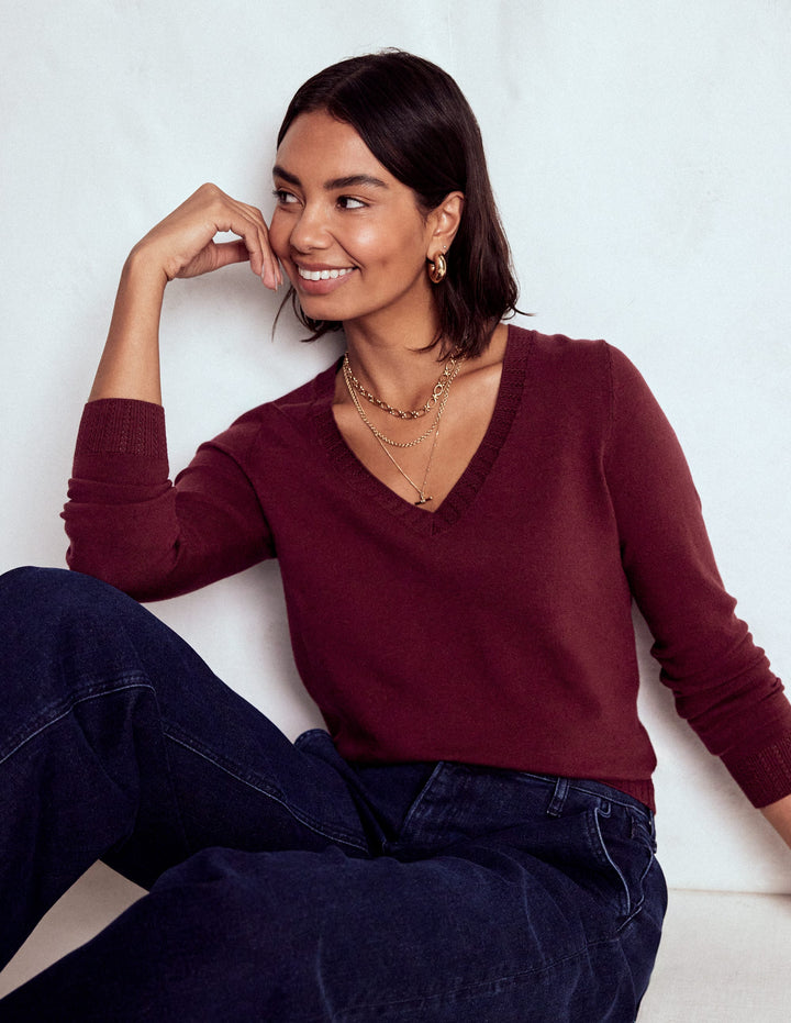 Emilia Baumwollpullover mit V-Ausschnitt-Dunkelviolett