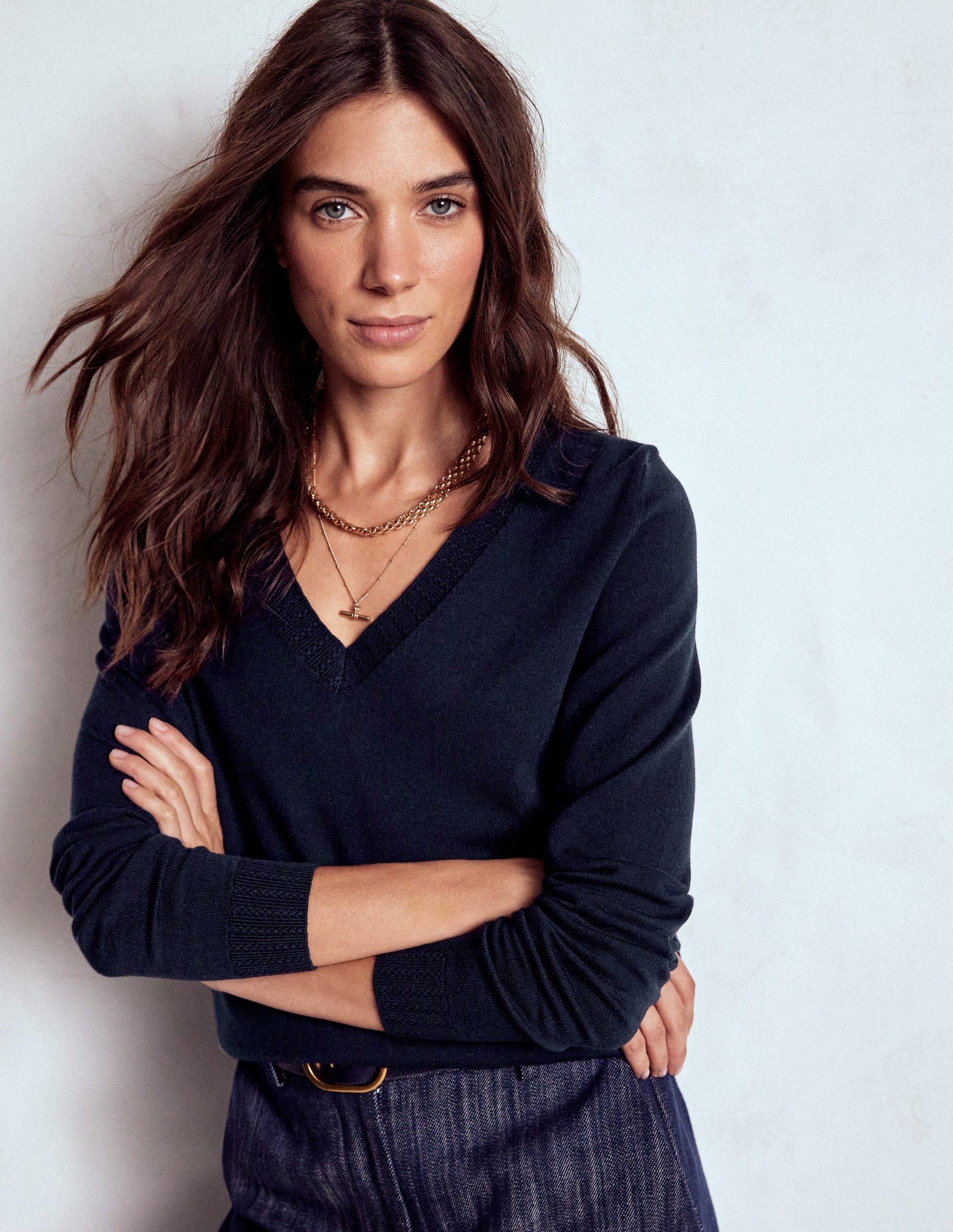 Emilia Baumwollpullover mit V-Ausschnitt-Marineblaue-2