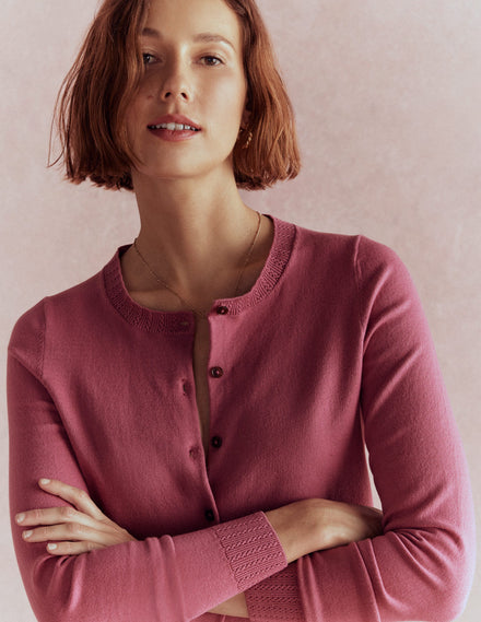 Emilia Baumwollstrickjacke mit Rundhalsausschnitt-Rosa Heide