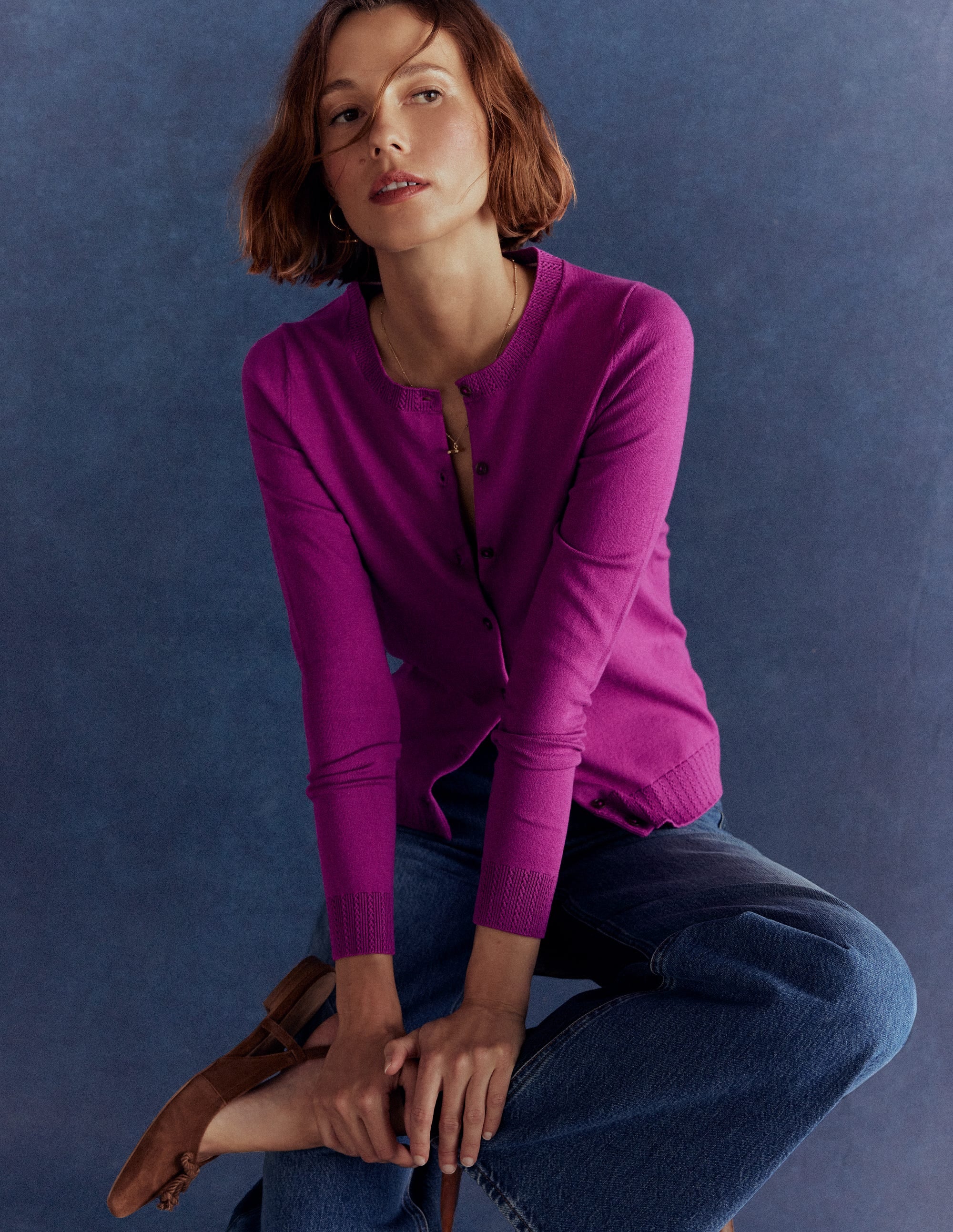 Emilia Baumwollstrickjacke mit Rundhalsausschnitt-Königliches Lila - Image 6