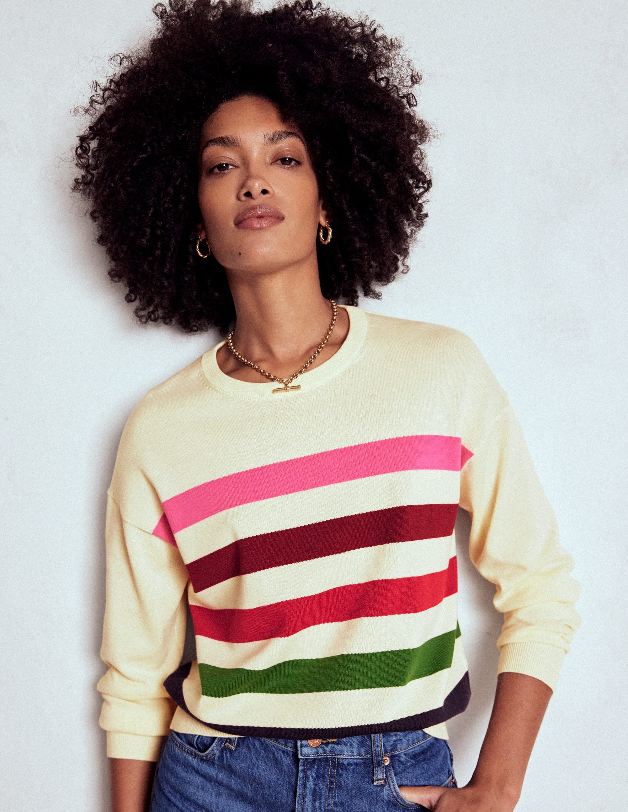 Lara Lockerer Baumwollpullover-Naturweiß, Bunt Streifen - Image 1